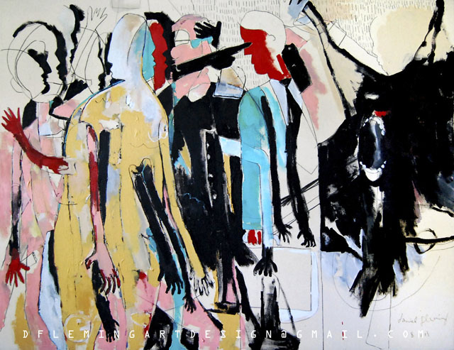 Standing in Line at the Butcher Shop - The Prize Fight,   48x 62”,  Acrylic, Ink and Charcoal on canvas,  2013