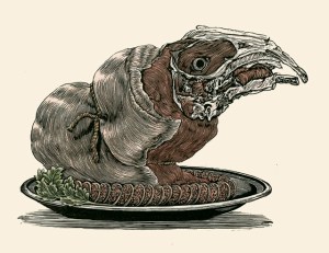 Braised Brisket Double-Chop Entrée (Olivia), wood engraving with hand coloring , 9” x 12” , 2013 