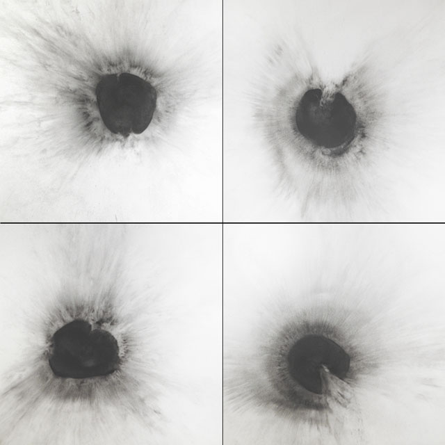 (detail), mpact(s),  2011-2012, air cannon, bike pump, graphite powder, and 16 graphite impact prints on BFK, prints 20"x20"