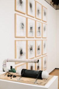 mpact(s),  2011-2012, air cannon, bike pump, graphite powder, and 16 graphite impact prints on BFK, prints 20"x20"