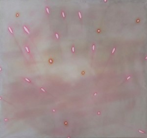 Burst II, 30”x 32”, Water-soluble oil, acrylic, and gouache on paper and stretched polyester mesh, 2013