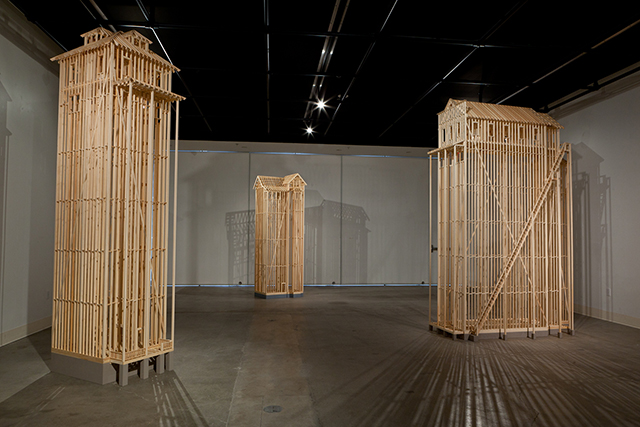 Left to Right "Foursquare," 129x32x39" 2011 "Ell-House" 124x30x29" 2010 "False-Front," 124x30x84" 2011