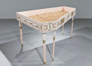 Pig Organ, 2011 Wood, metal, straw, music stand, hanging placard, wax heart (not pictured)