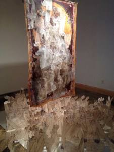 Emergence: screen prints on paper, mirrored floor, collage on fabric, 2014, size variable