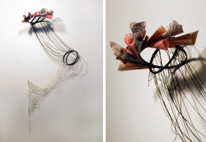 disguise installation view and detail screenprint on paper, handmade net, wood, string 48”x24”x8” 2011