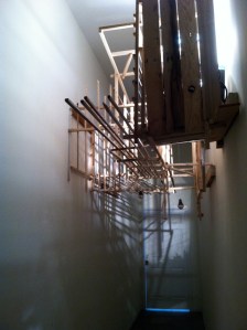 Visuo-Spatial Sketch of Home Medium:assorted woods, LaserJet image transfer, ceramic, cool and warm lights Size/Year:15’x4’x6’/2013 