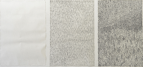 Interference 1, 2 & 3,  6' x 51" each, Triptych, graphite and tape on paper, 2012 