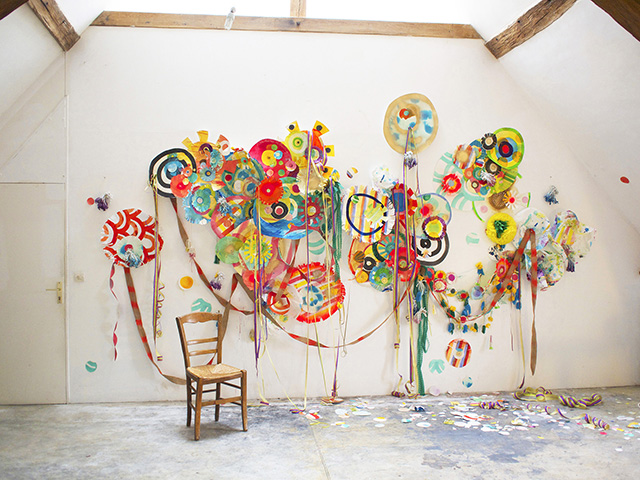 Party in a Box, Cut Paper, Paint, String, Plastic and Burlap, Dimensions Variable, 2013, Created at the Camac Art Centre