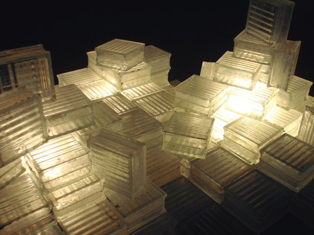 Unnatural Ice, glass mason block, light bulbs, and electrical components, dimensions vary, 2011