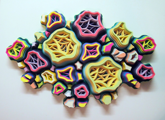 Patiflasmic Flamungle Gestation Movement #5, Hand cut paper and acrylic on panel, 24" x 24" x 7", 2014