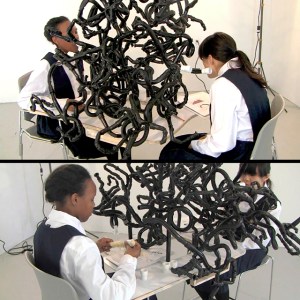 Structure Study I, 2012, Enamel paint on PVC and ABS plastic, plywood, vinyl, cotton, alcohol in spray bottle, found chairs. variable, Performers:Sophia Sobers, Katie Taylor