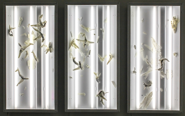 Residue, 2013, enamel paint and aluminum on cast plastic, fluorescent light and light box, 2ft x 4ft each