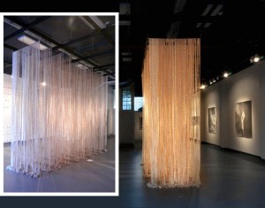 “a count”, 2010-ongoing, vintage gauze, gunpowder, safety, pins, steel rods, dimension variable