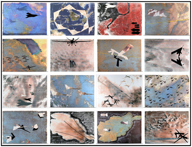 “Shadow War”, 2012- 2014, selection from 370 unique works, Ink , gouache, cut paper collage on archival pigment monoprint on mylar on paper, 12” x 16” each