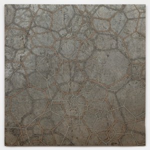 "Surface Tension 26" Quartzite, graphite, pewter, copper, bronze, zinc, nickel, wax. 24′′ x 24′′ 2014