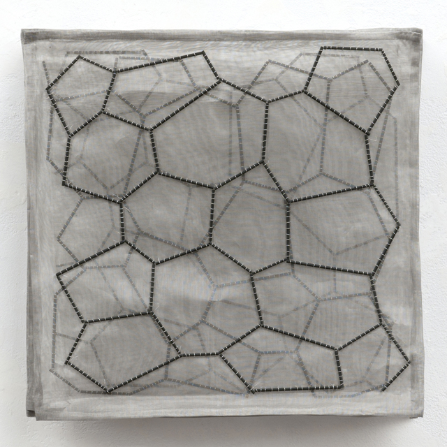 "Surface Tension: Basalt Layers" Acid-etched glass rods, silver wire, stainless-steel mesh. 10” x 10” x 2” in 12” x 12” x 2” birch shadowbox (not shown). 2010