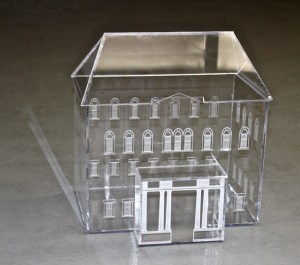 "Mason House." Laser-cut plexiglass, Venusta Orchard Spider, webs. 17" x 13" x 17." 2013.