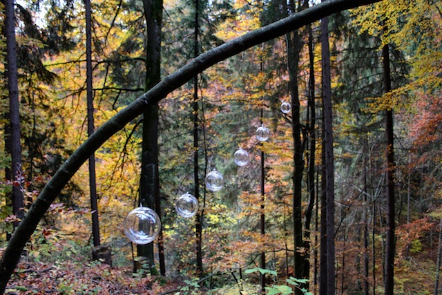 "Orbs." Glass orbs, monofilament, European Garden Spiders, webs. Size variable. Located in Kesselfall, outside of Graz, Austria. 2013.