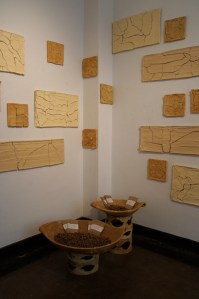 Parched Earth Tiles and Garden Bowls with Seedballs, clays, lithium wash, terra sigellata, tile mastic, MDF, steel plates and wall anchors. Seedballs contain clay, compost, seeds. Paper bags with labels noting contents and instructions for use., Parhced Earth Tiles: 20 units 10" x 10", 10 units 14"x 28", 13 units 11"x 34". Garden Bowls with Seedballs: 2 of 5 bowls pictured, 28" D x 16"H and 20" D x 24" H,2014 