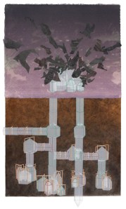 Head in the Sand, 34"x21", screenprint, collagraph, drypoint, collage, sewing, wood