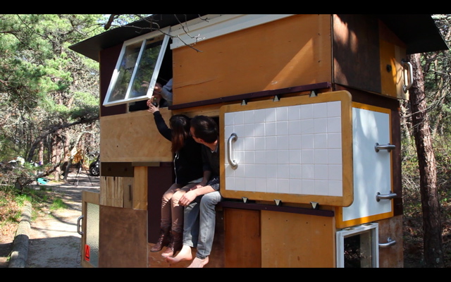 ideo shoot of Capsule Camping, video in collaboration with Leah Craig, Jay Critchley, Bug Davidson, and Jonathan Lizcano, sculpture Capsule Hotel was installed for camping at the Dunes Edge Campground in Provincetown, MA and included in Appearances: Green Arts Festival, 2012