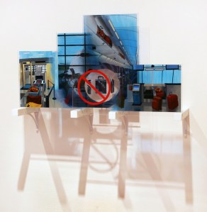 Checked, 2012. Mixed media on plexiglass, four panels, 23” x 38” x 11”