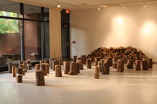 Woodlot, performance/installation work, ½ cord firewood and string, 8 hours, part of “8-Hour Projects: Performativity” at Allegheny College, Meadville, PA, 2013.