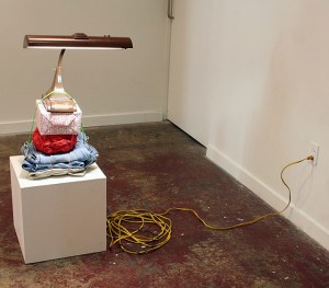 untitled monument from “My Book to Help America” project, lamp, rubberbands, package wrapped in paper scrawled with “Trayvon Martin”, melted plastic, work pants, pedestal