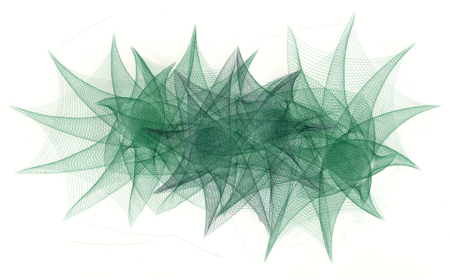 “Whirling Dervish”, 2013 black and green ballpoint pen on bristol board 22 x 32 inches