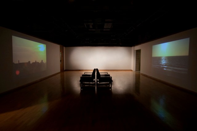 Unending dual channel video, each recorded at the same time on opposite sides of the earth size variable with installation 2013