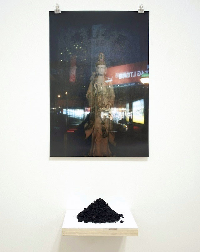 Detail: Untitled (Kwan Yin), 2014, photographic print, earth and shelf, 5 1⁄2’ x 12” x 6”