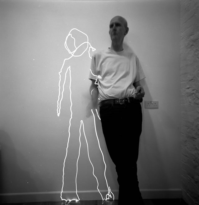 two is company #360 medium: monochrome analog MF photograph, artist draws with laser pointer into mirror size 20inch x 20inch date 2014