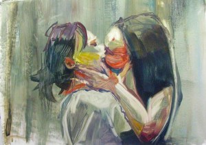 White Girls Kissing, oil on paper mounted onto panel, 31" x 43", 2012
