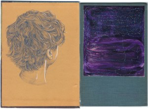 "Untitled (Back)." Graphite, chalk, oil paint on found surfaces. 9 1/2" x 13 1/4". 2014.