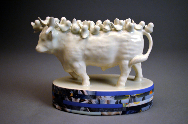 "Fight or Flight," Porcelain and vintage ceramic decals, 8” h x 12” w x 4” d, 2014.