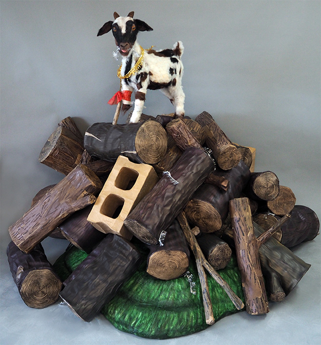 Goat Contemplates Its Incessant Need to be on Top, 2014, Mixed Media with motion sensor, Arduino micro-controler and motors, 72" x 56" x 62"