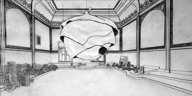 Eastern Star Hall with Nest Component. Graphite on Vellum. 12” x 17”. 2014.