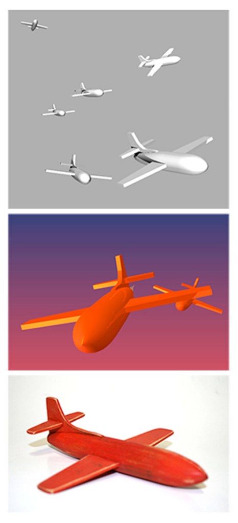 (Studio Process/Sketch) 3D model and render with hand-carved 1:72 scale wooden model of Bell X-I Plane - 2014     Approximately 3 x 4 x 1 inches