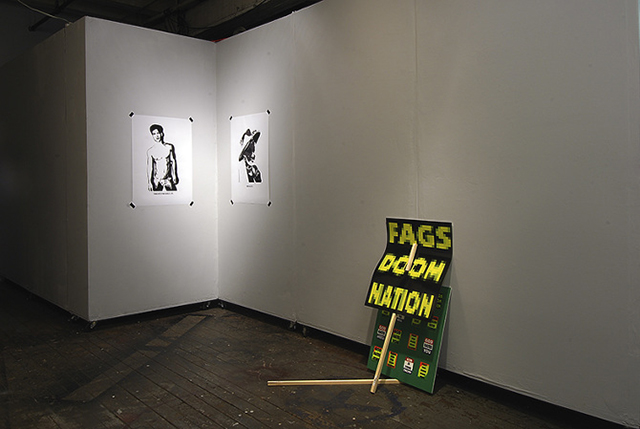 Left to Right: Twink:a, Digital Print, 2014 Twink:b, Digital Print, 2014 Queer Doom Nation, Laminated Digital Print, Poster Board, Wooden Stick, 2014