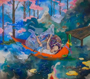 Chasing carp, 21 x 24, Oil and acrylic on canvas, 2014