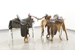 the talk,  American western saddle, Mexican western saddle, saw horses, iron horse shoes, mountain lion hide, and still born pelt; 6’ x 4’ x 3’ , 2014  