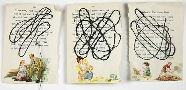 Book Scribble with Fire, 2014 embroidery thread and found textbook pages each page measures 5 3/8” x 7 5/8”