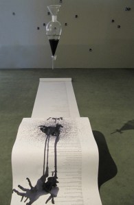 Detail of glass separatory funnel with oak gall ink dripping on scroll