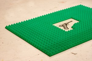 Luger Gun      Woodcut and Screenprint on Muslin, Mylar, and Acoustic Foam      4 ft. x 6 ft.      2014