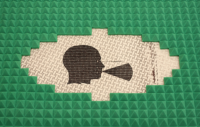 Spitting Head (Detail)      Woodcut and Screenprint on Muslin, Mylar, and Acoustic Foam      4 ft. x 6 ft.      2014