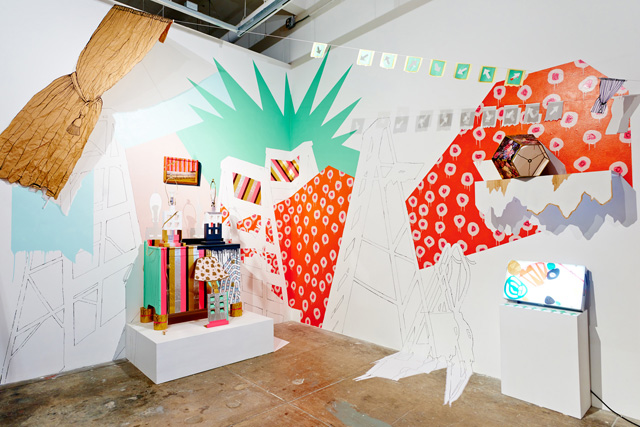 Look-alikes 2014 installation at SOIL Gallery 10x6x10' house paint, acrylic, marker, tape, paper, vinyl, cardboard, altered furniture, lightbox, string photo credit: David Wentworth