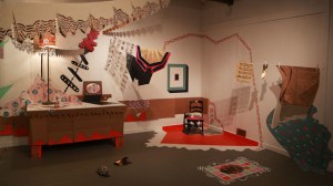 Three Generations of Decorations 2014 installation at MacDowell Colony, Firth Studio 23x10x10' house paint, acrylic, marker, tape, paper, cardboard, found objects, altered furniture, string photo credit: Tom Weidlinger