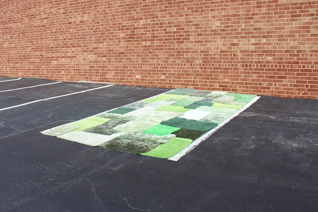 Title: Greening Medium: $1000 worth of green rugs, purchased, installed, documented, returned, refunded Size: Variable Dimensions Date: 2014