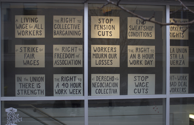 "New Demands?" Performance placards at Exit Space, Urban Institute of Contemporary Art, Grand Rapids MI, 2014