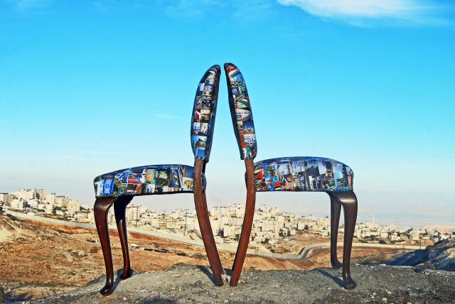 United Nation without "s", 2012 Prints on matte paper and chairs, 13 x 5.9 x 13 feet